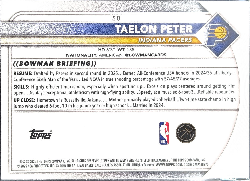 2025-26 Bowman Taelon Peter #50 RC Indiana Pacers back