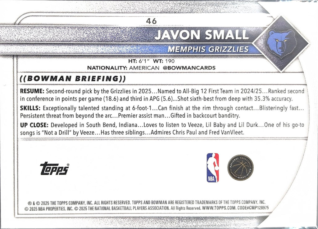 2025-26 Bowman Javon Small #46 RC Memphis Grizzlies back