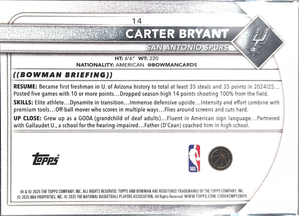 2025-26 Bowman Carter Bryant #14 RC San Antonio Spurs back