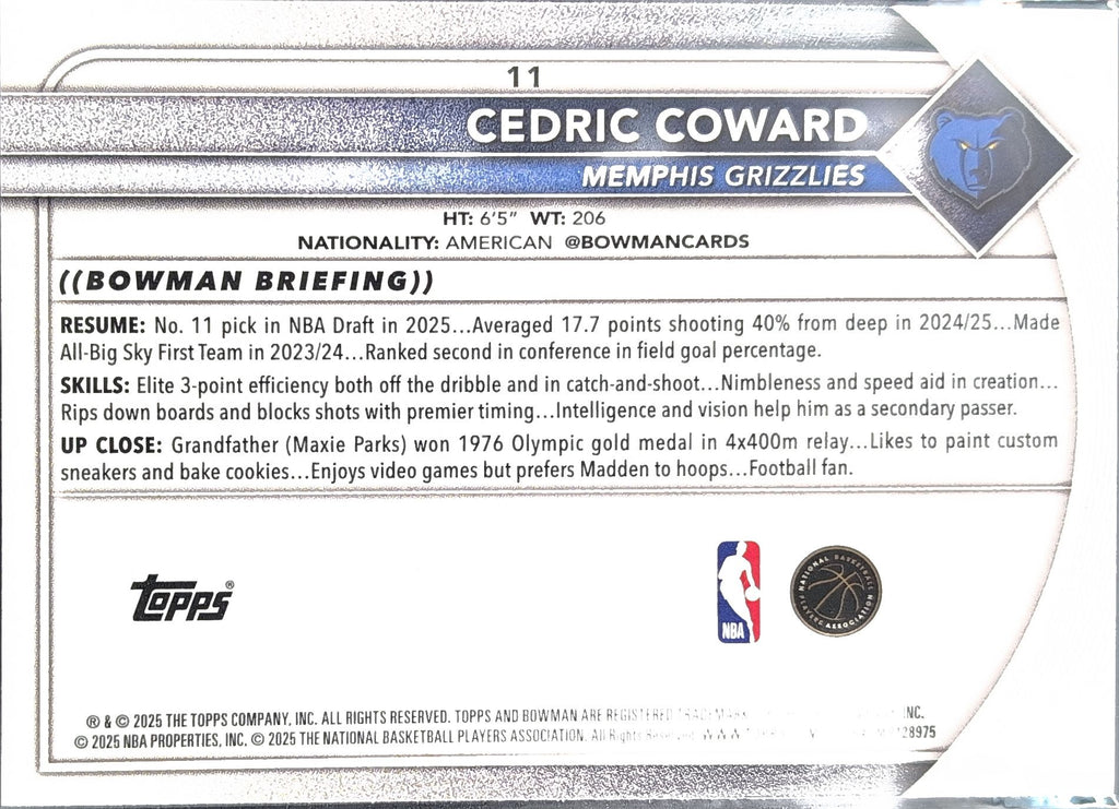 2025-26 Bowman Cedric Coward #11 RC Memphis Grizzlies back