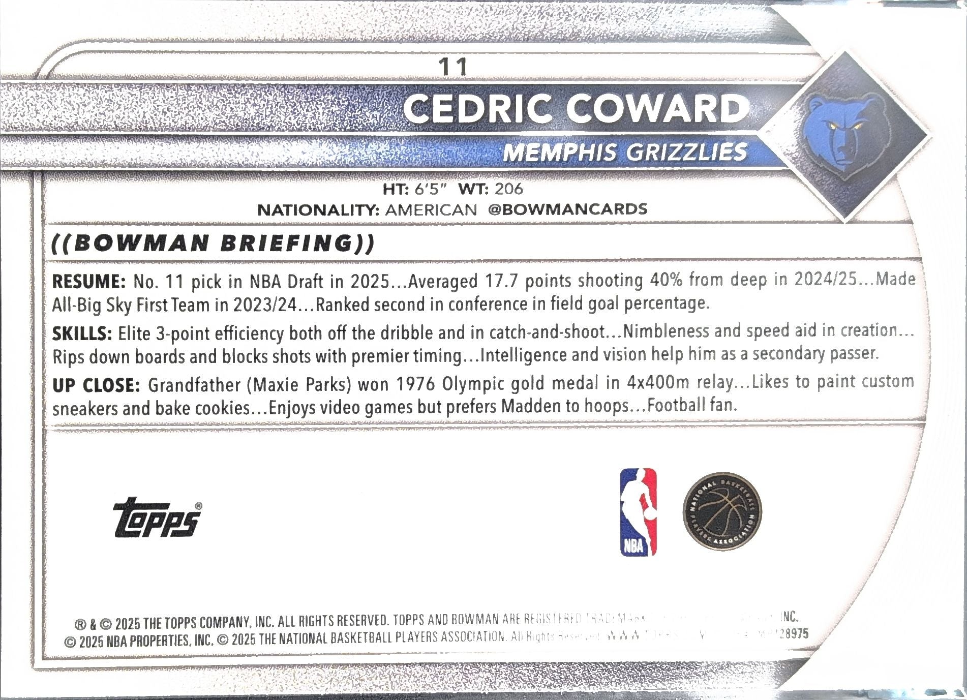 2025-26 Bowman Cedric Coward #11 RC Memphis Grizzlies back