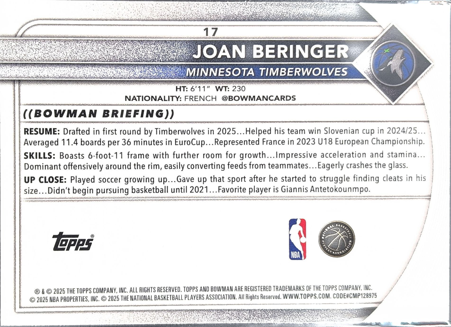 2025-26 Bowman Joan Beringer #17 RC Minnesota Timberwolves back