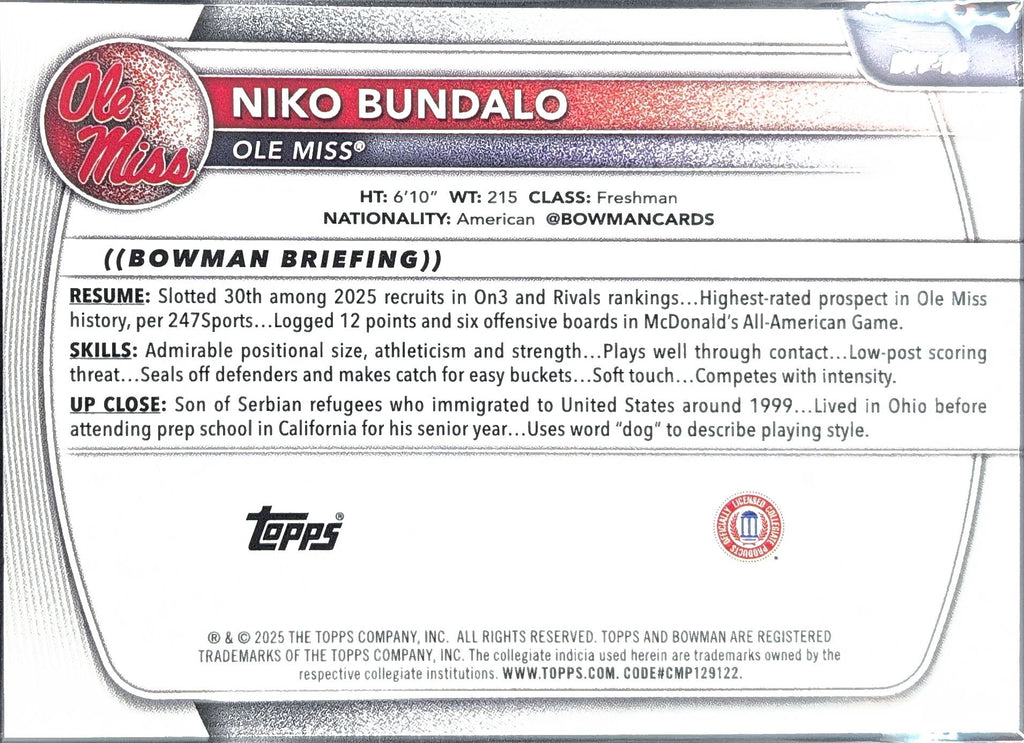 2025-26 Bowman Niko Bundalo #BPP-18 Prospects Ole Miss Rebels back