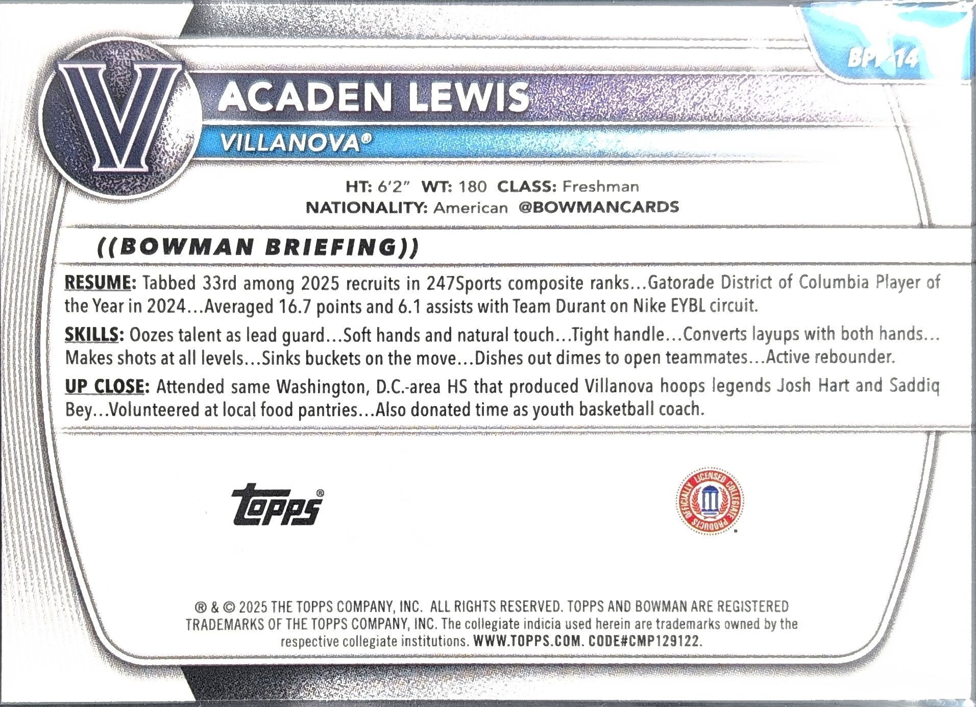 Acaden Lewis 2025-26 Bowman #BCP-14 Chrome Prospects Villanova Wildcats - back image