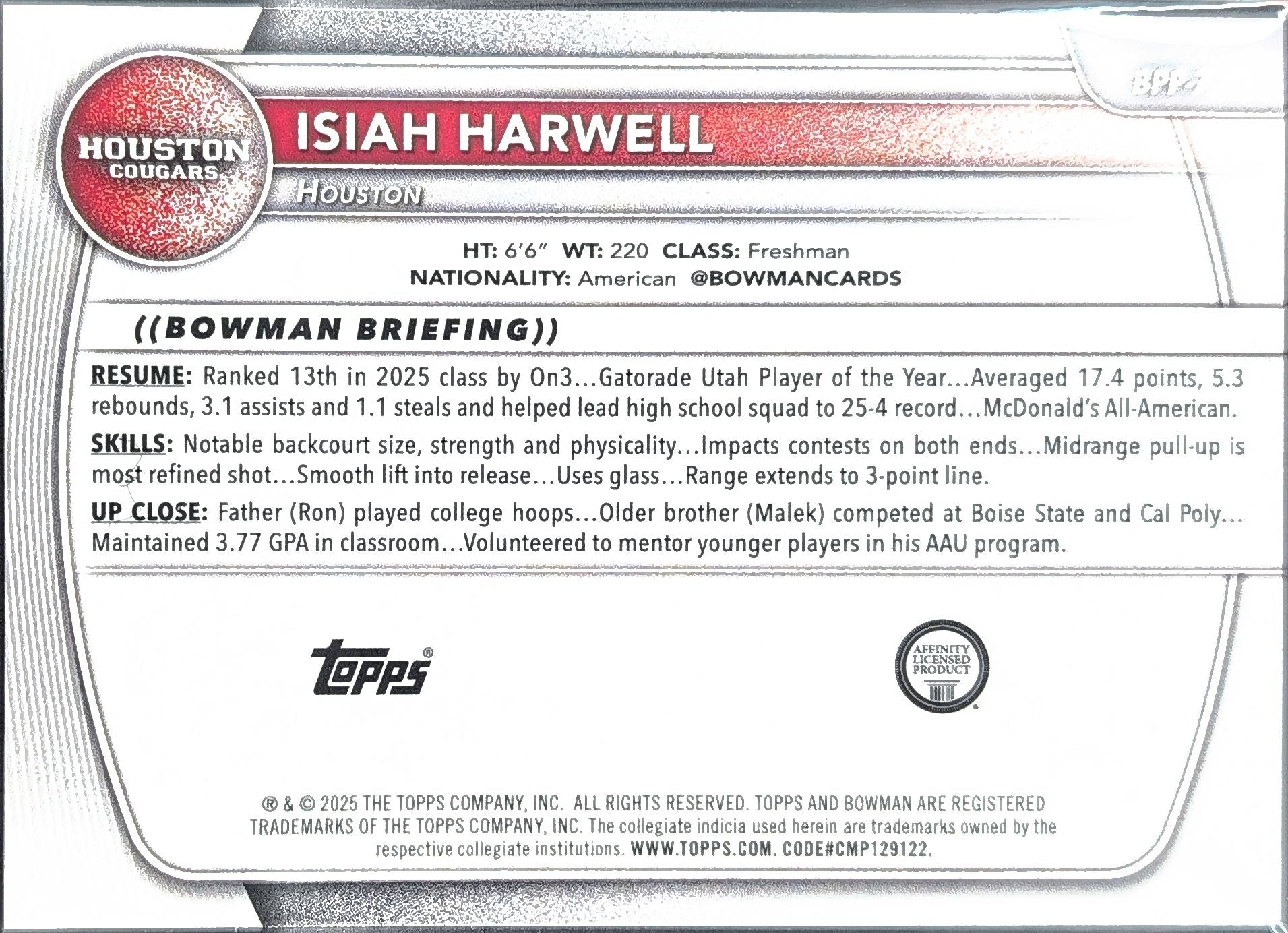 2025-26 Bowman Isiah Harwell #BPP-7 Prospects Houston Cougars back