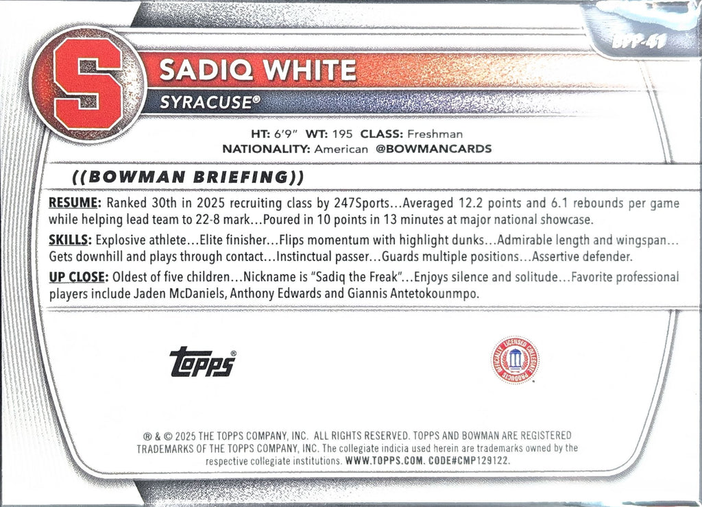 2025-26 Bowman Sadiq White Jr. #BPP-41 Prospects Syracuse Orange back