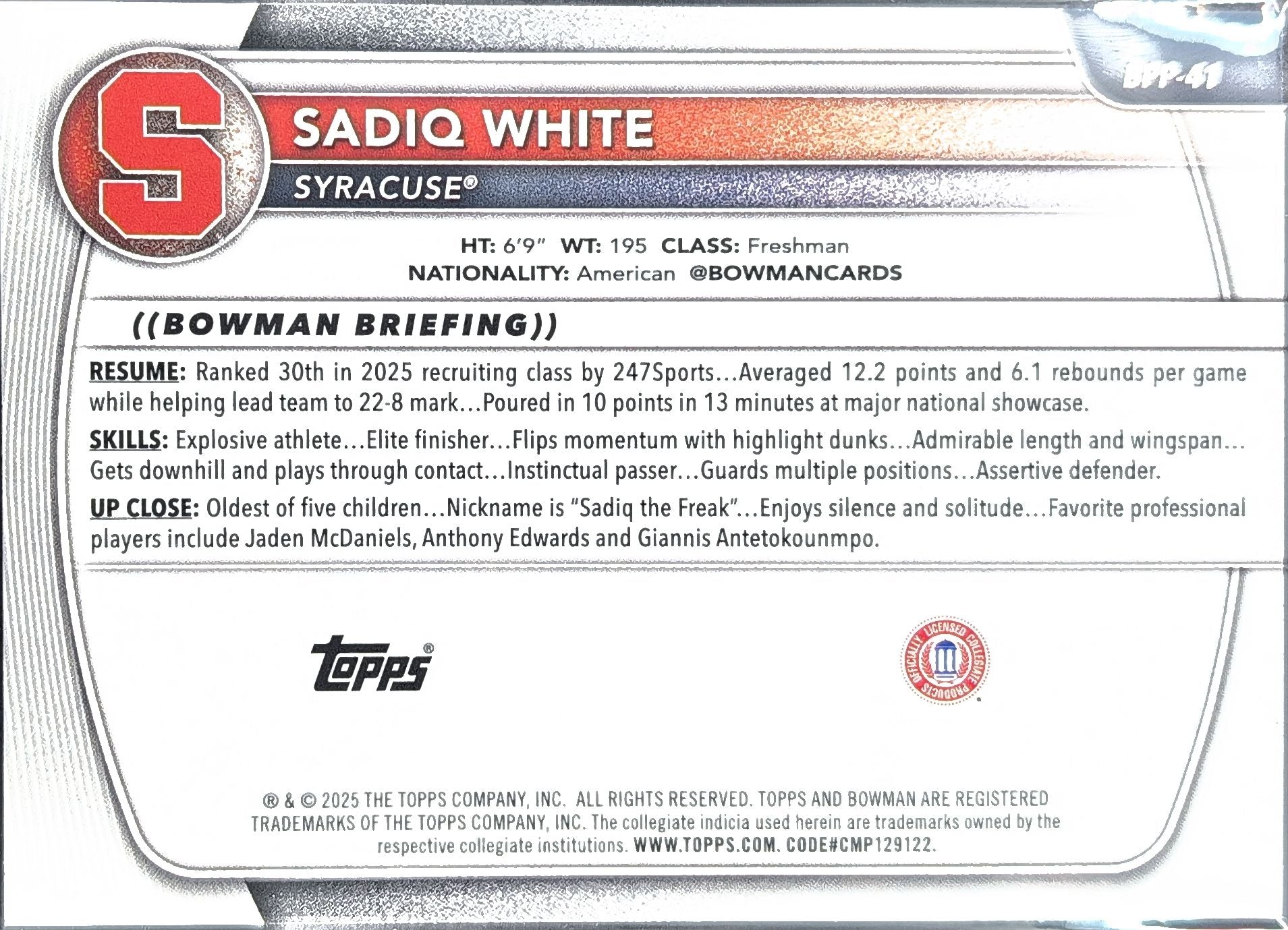 2025-26 Bowman Sadiq White Jr. #BPP-41 Prospects Syracuse Orange back