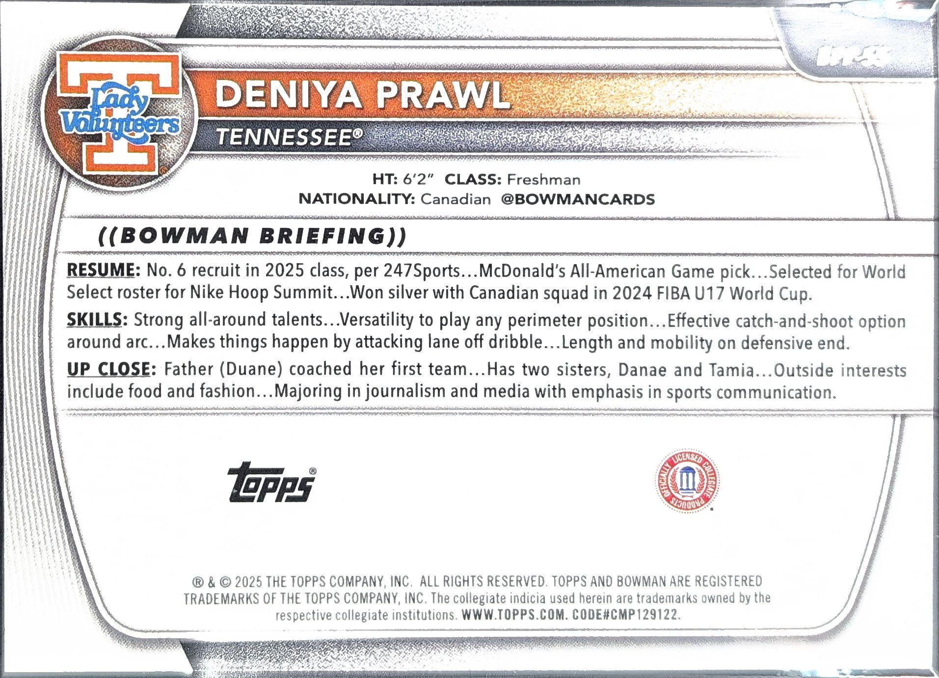 2025-26 Bowman Deniya Prawl #BPP-55 Prospects Tennessee Volunteers back