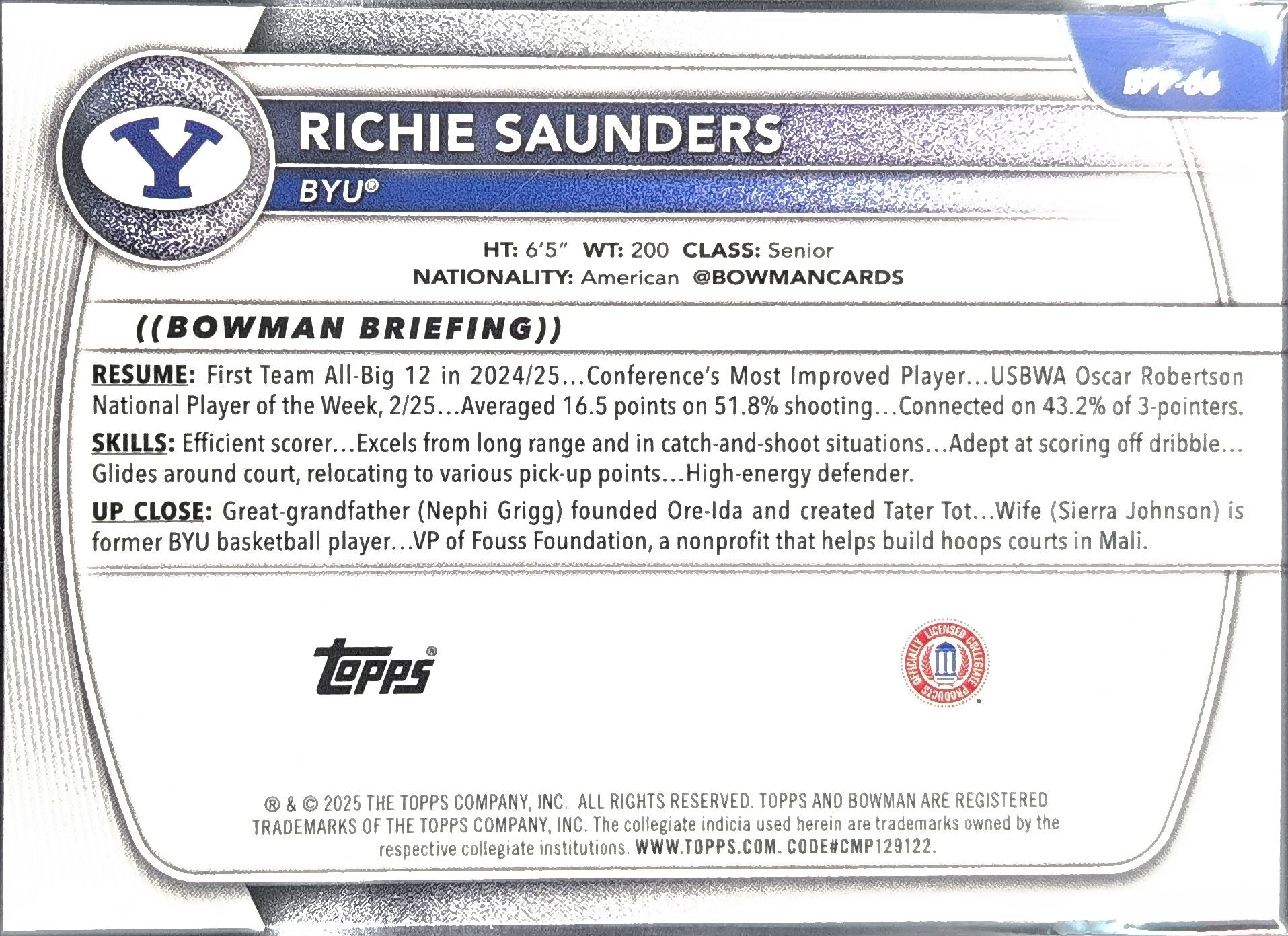 2025-26 Bowman Richie Saunders #BPP-66 Prospects BYU Cougars back