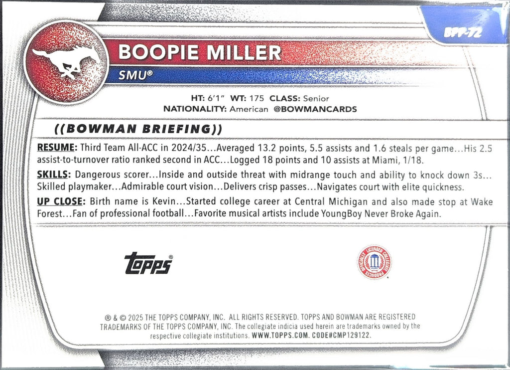 2025-26 Bowman Boopie Miller #BPP-72 Prospects SMU Mustangs back