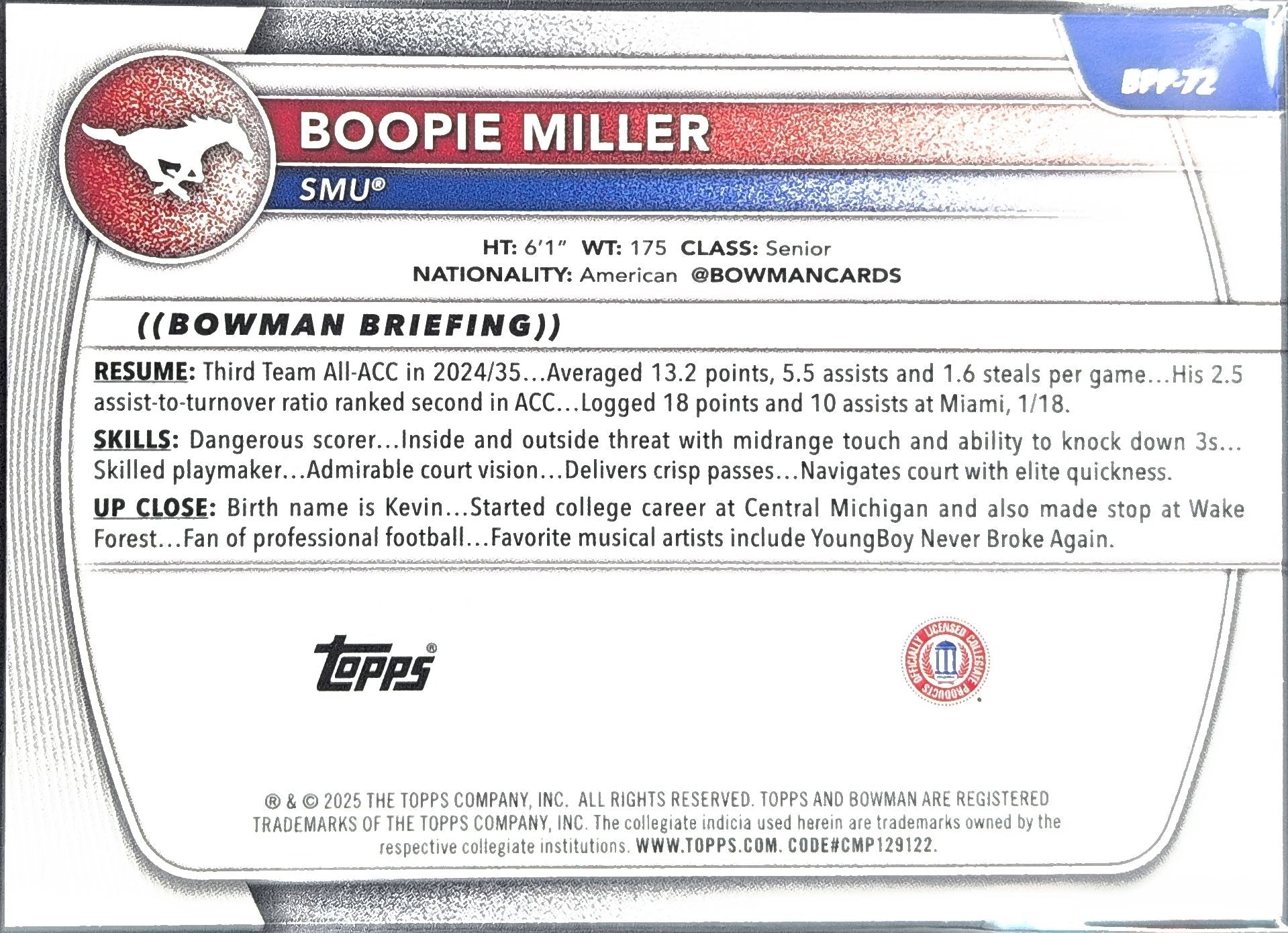 2025-26 Bowman Boopie Miller #BPP-72 Prospects SMU Mustangs back
