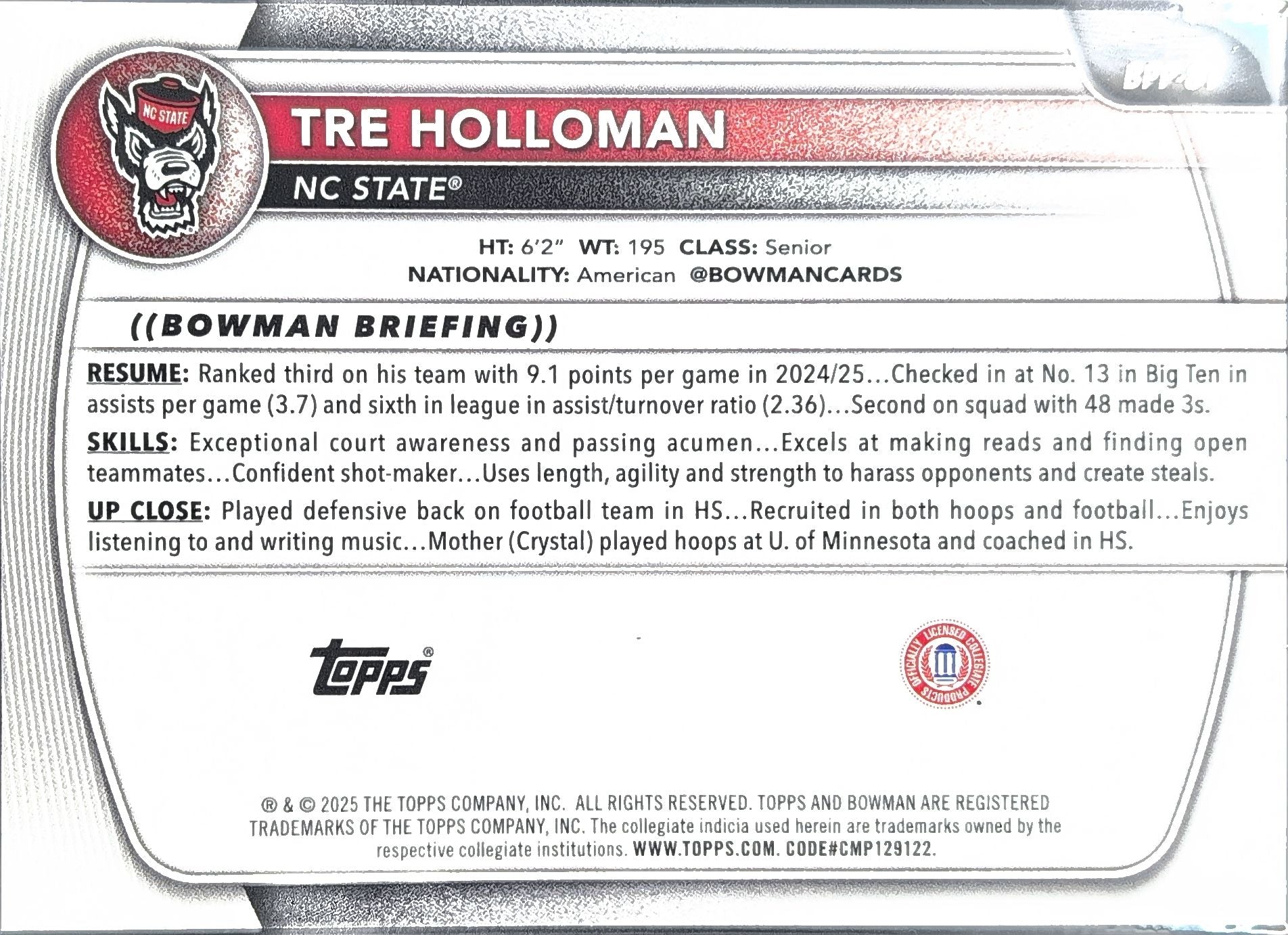 2025-26 Bowman Tre Holloman #BPP-81 Prospects NC State Wolfpack back