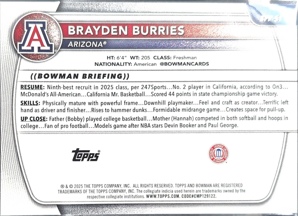 2025-26 Bowman Brayden Burries #BPP-51 Prospects Arizona Wildcats back