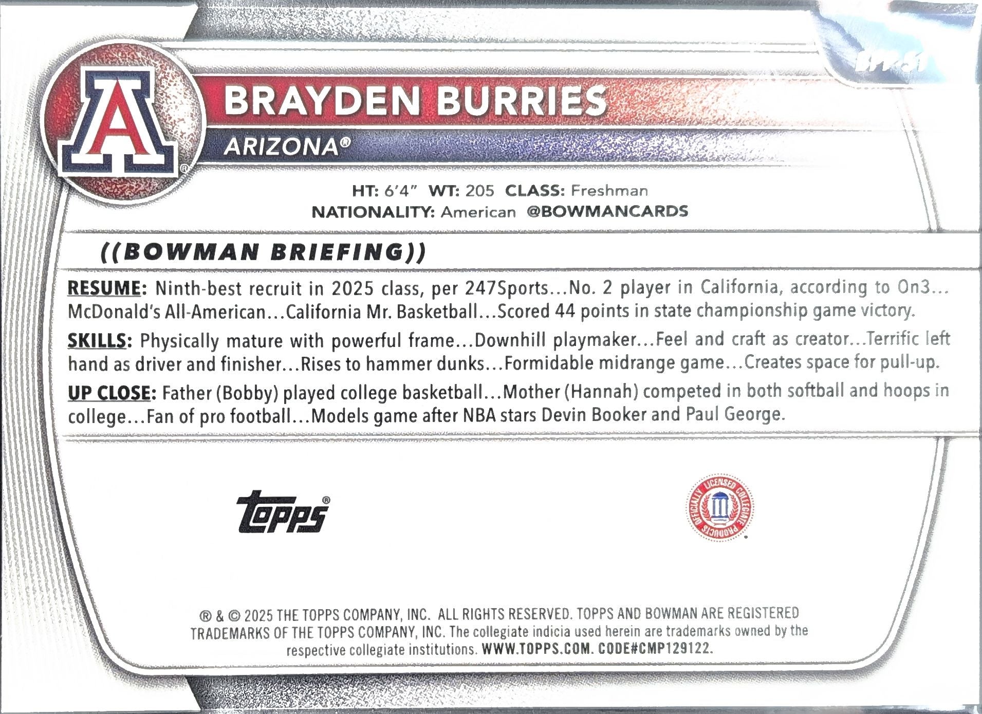 2025-26 Bowman Brayden Burries #BPP-51 Prospects Arizona Wildcats back