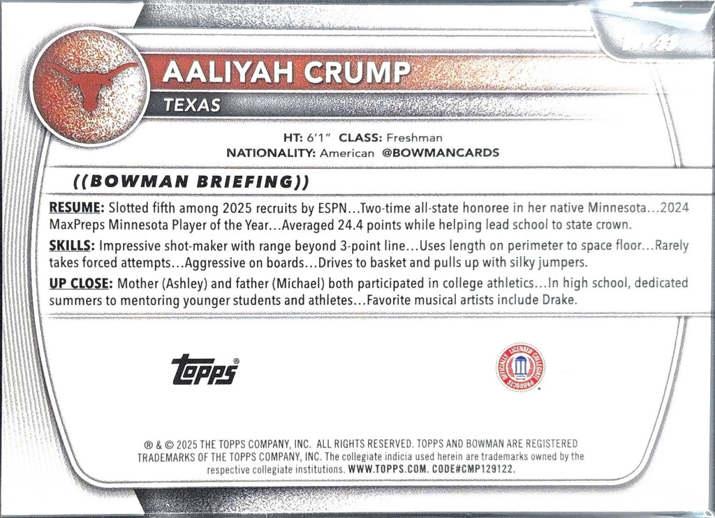 Aaliyah Crump 2025-26 Bowman #BPP-33 Prospects Texas Longhorns - back image