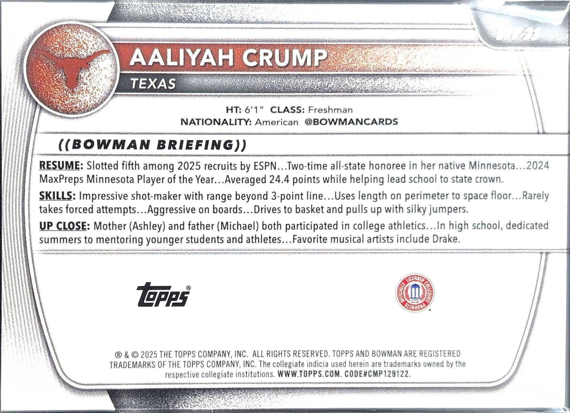 Aaliyah Crump 2025-26 Bowman #BPP-33 Prospects Texas Longhorns - back image