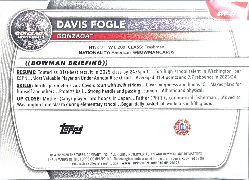 2025-26 Bowman Davis Fogle #BPP-47 Prospects Gonzaga Bulldogs back