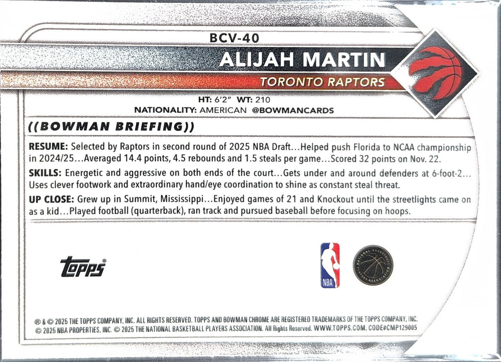 2025-26 Bowman Alijah Martin #BCV-40 Chrome Toronto Raptors back