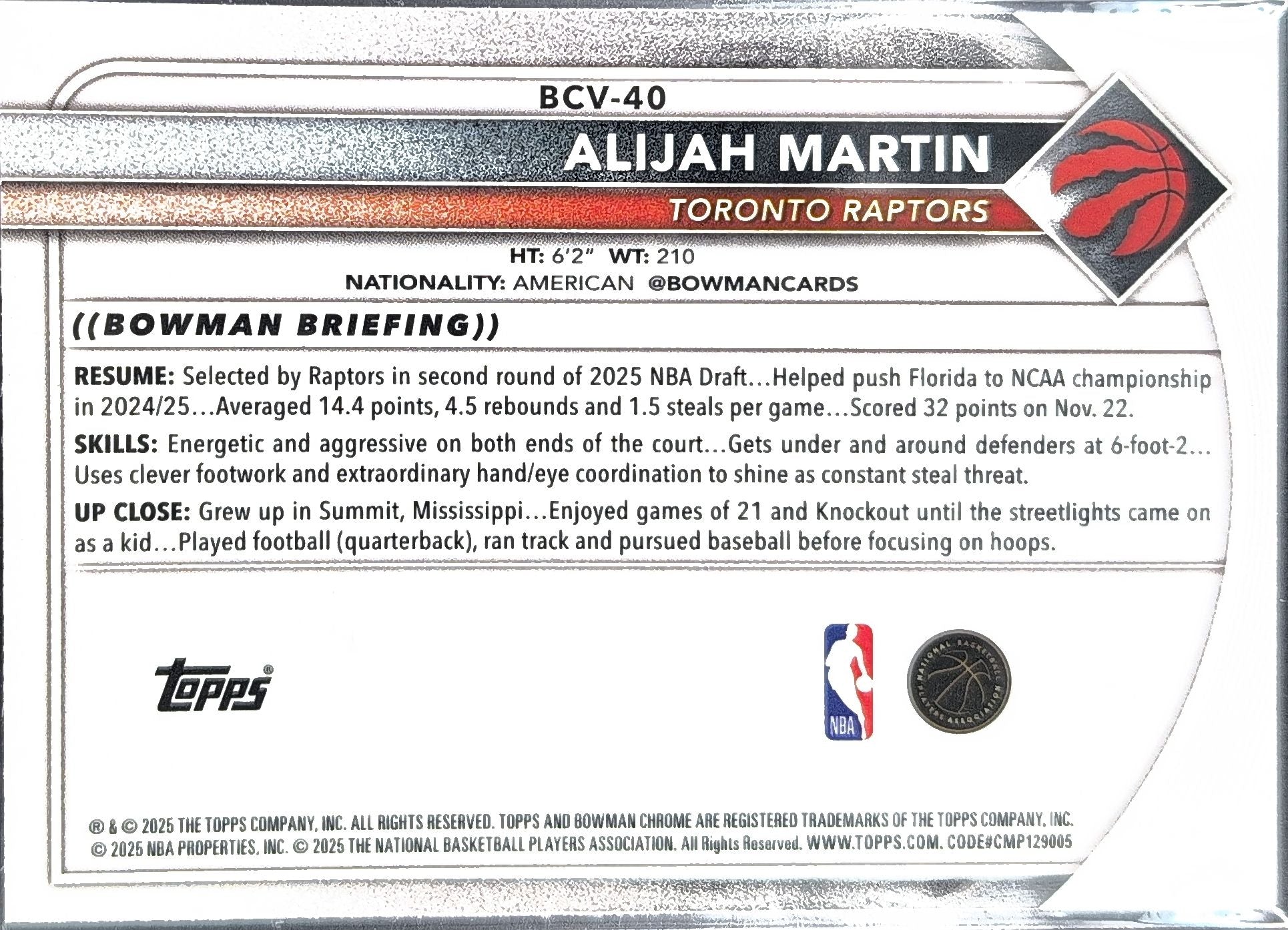 2025-26 Bowman Alijah Martin #BCV-40 Chrome Toronto Raptors back