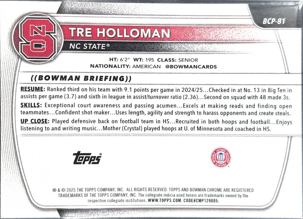 2025-26 Bowman Tre Holloman #BCP-81 Chrome Prospects NC State Wolfpack back