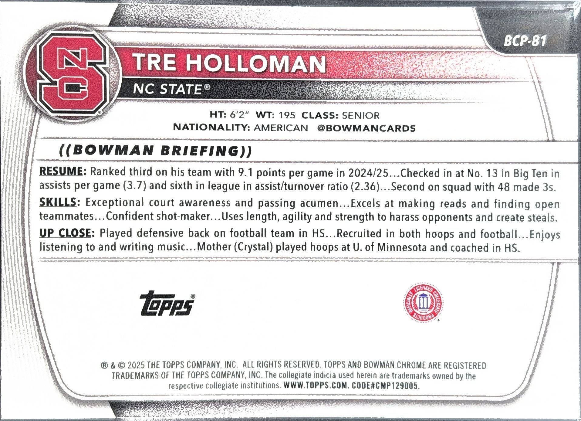 2025-26 Bowman Tre Holloman #BCP-81 Chrome Prospects NC State Wolfpack back