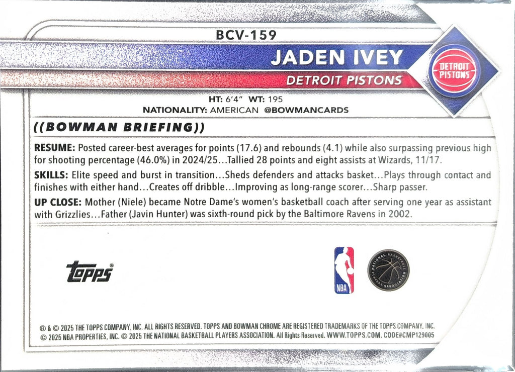 2025-26 Bowman Jaden Ivey #BCV-159 Chrome Detroit Pistons back