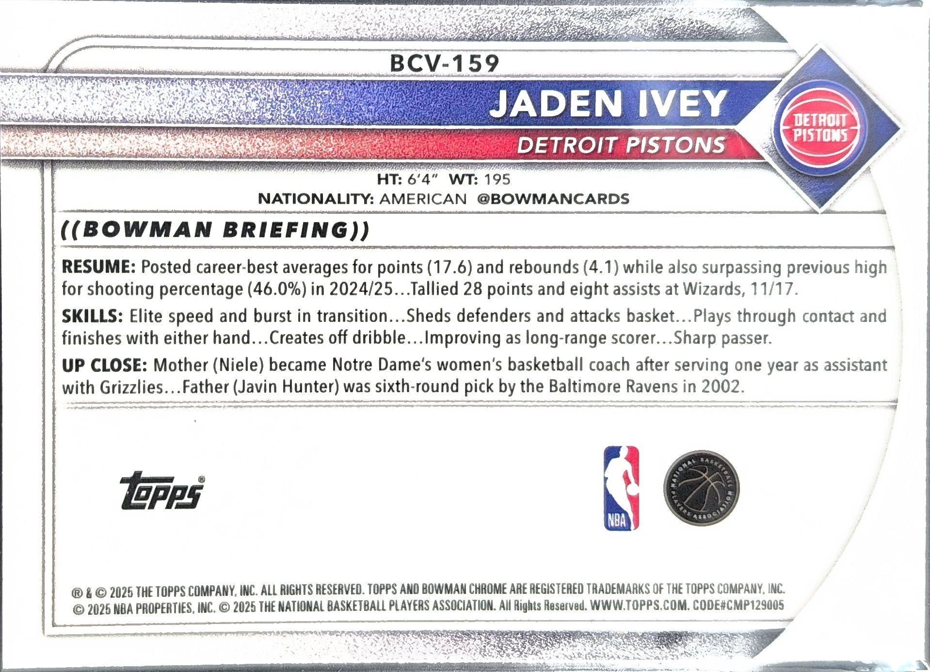 2025-26 Bowman Jaden Ivey #BCV-159 Chrome Detroit Pistons back