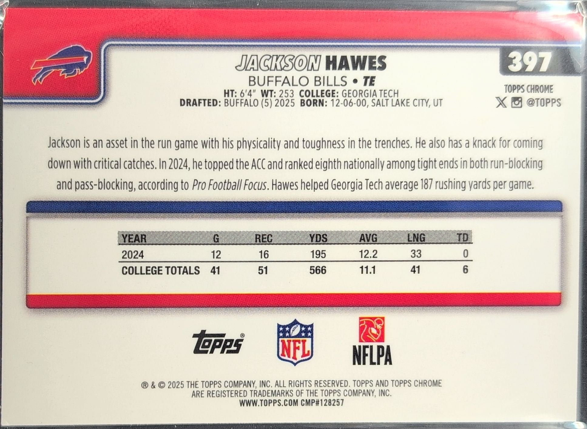 Jackson Hawes 2025 Topps Chrome #397 Rookie RC Buffalo Bills - back image
