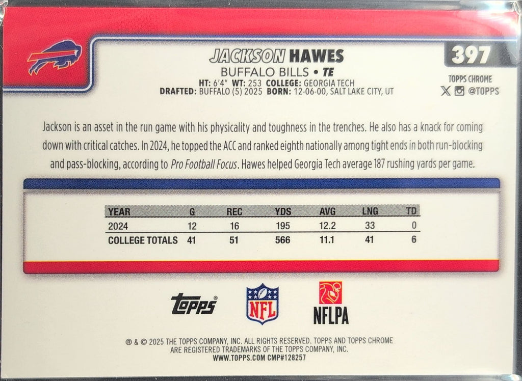 2025 Topps Chrome Jackson Hawes #397 RC Buffalo Bills back