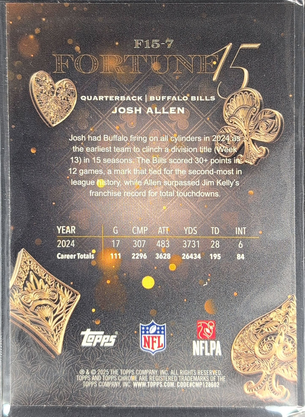 Josh Allen 2025 Topps Chrome #F15-7 Fortune 15 Buffalo Bills - back image