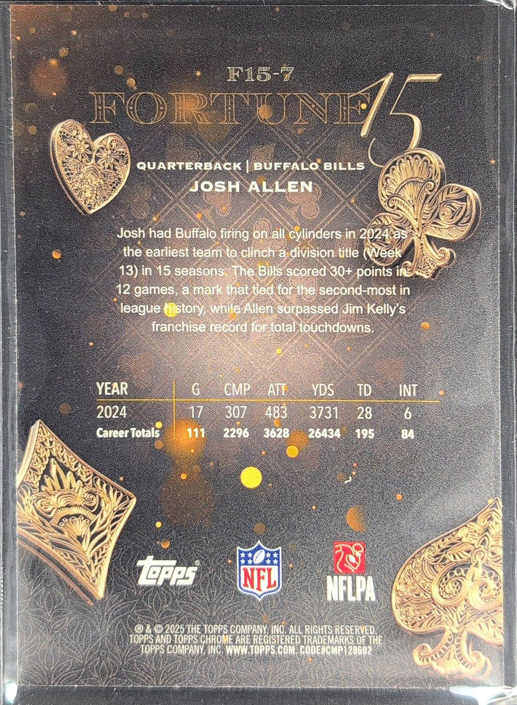2025 Topps Chrome Josh Allen #F15-7 Fortune 15 Buffalo Bills back