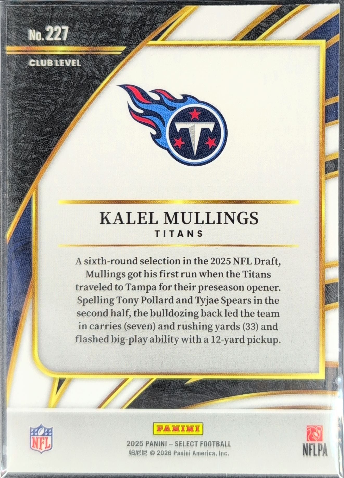 2025 Panini Select Kalel Mullings #227 Tennessee Titans back