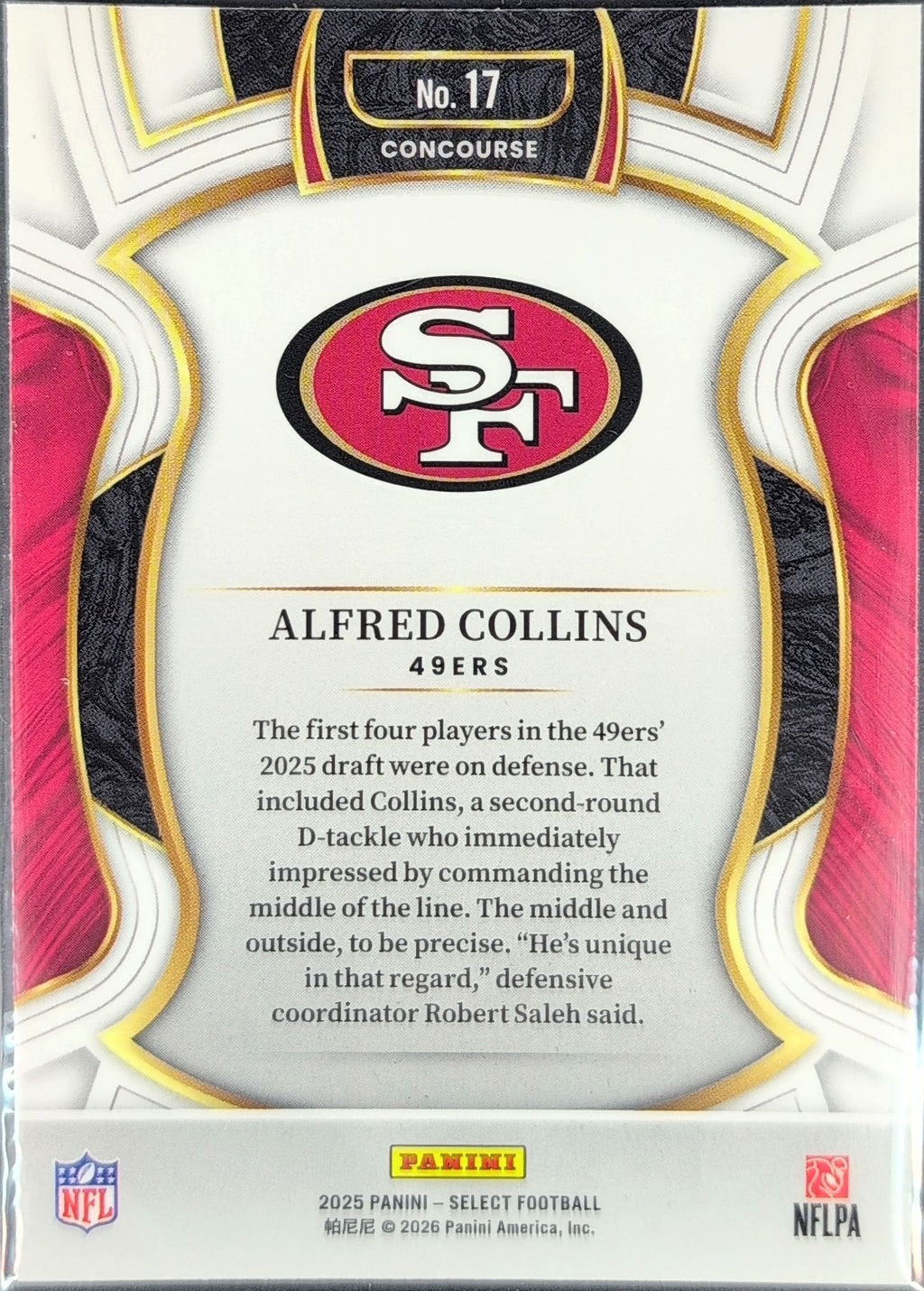 2025 Panini Select Alfred Collins #17 RC San Francisco 49ers back