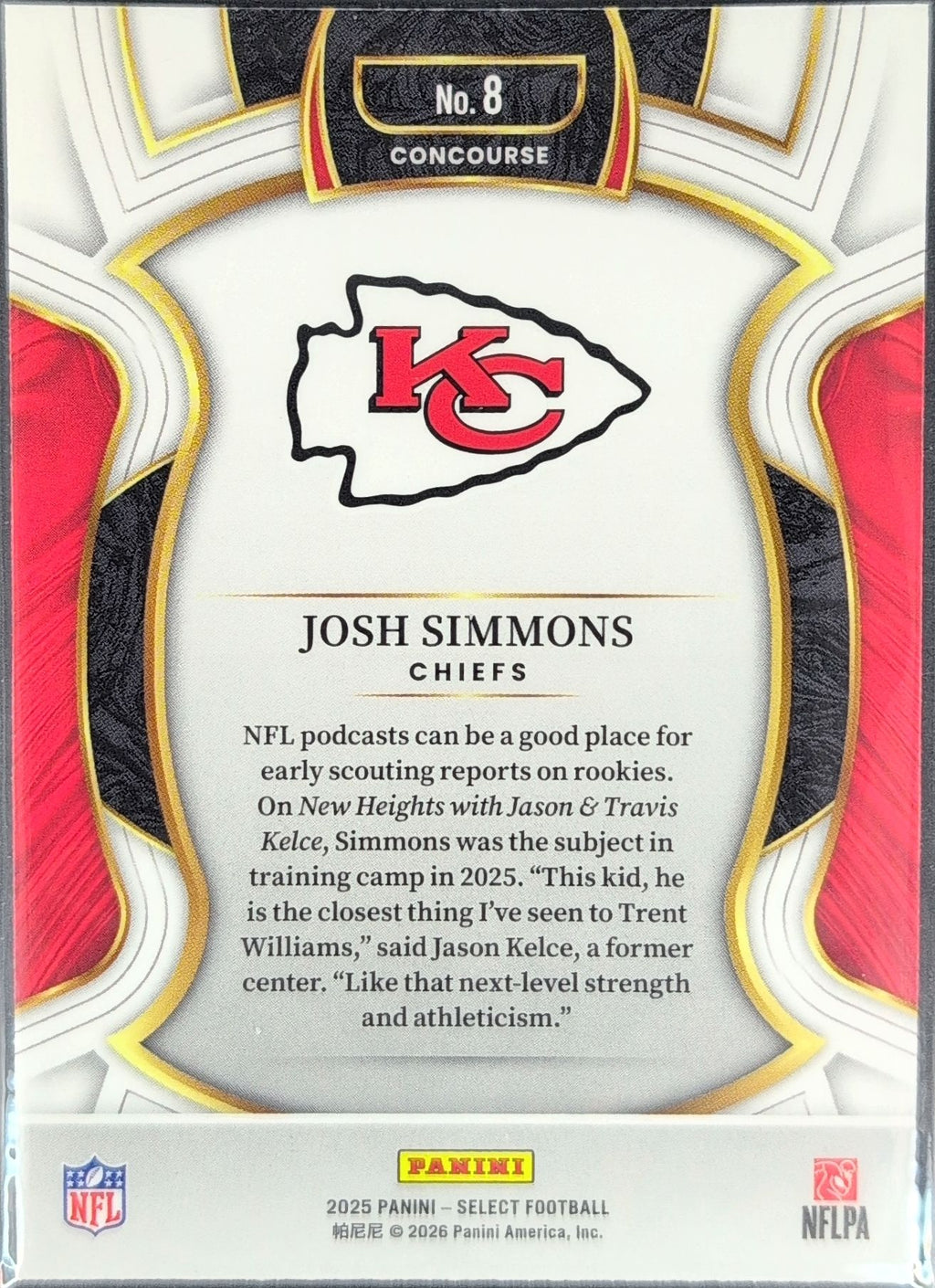 2025 Panini Select Josh Simmons #8 RC Kansas City Chiefs back