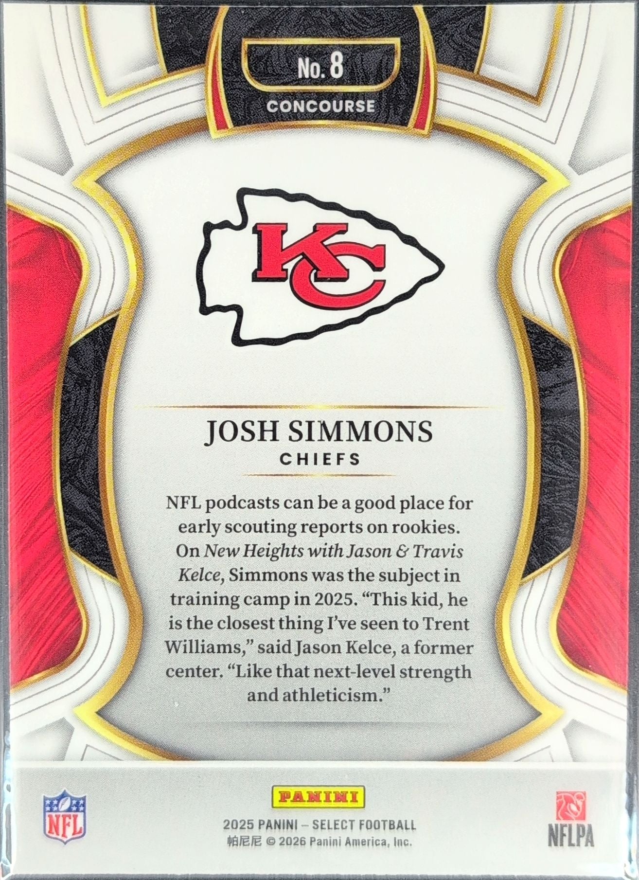 2025 Panini Select Josh Simmons #8 RC Kansas City Chiefs back