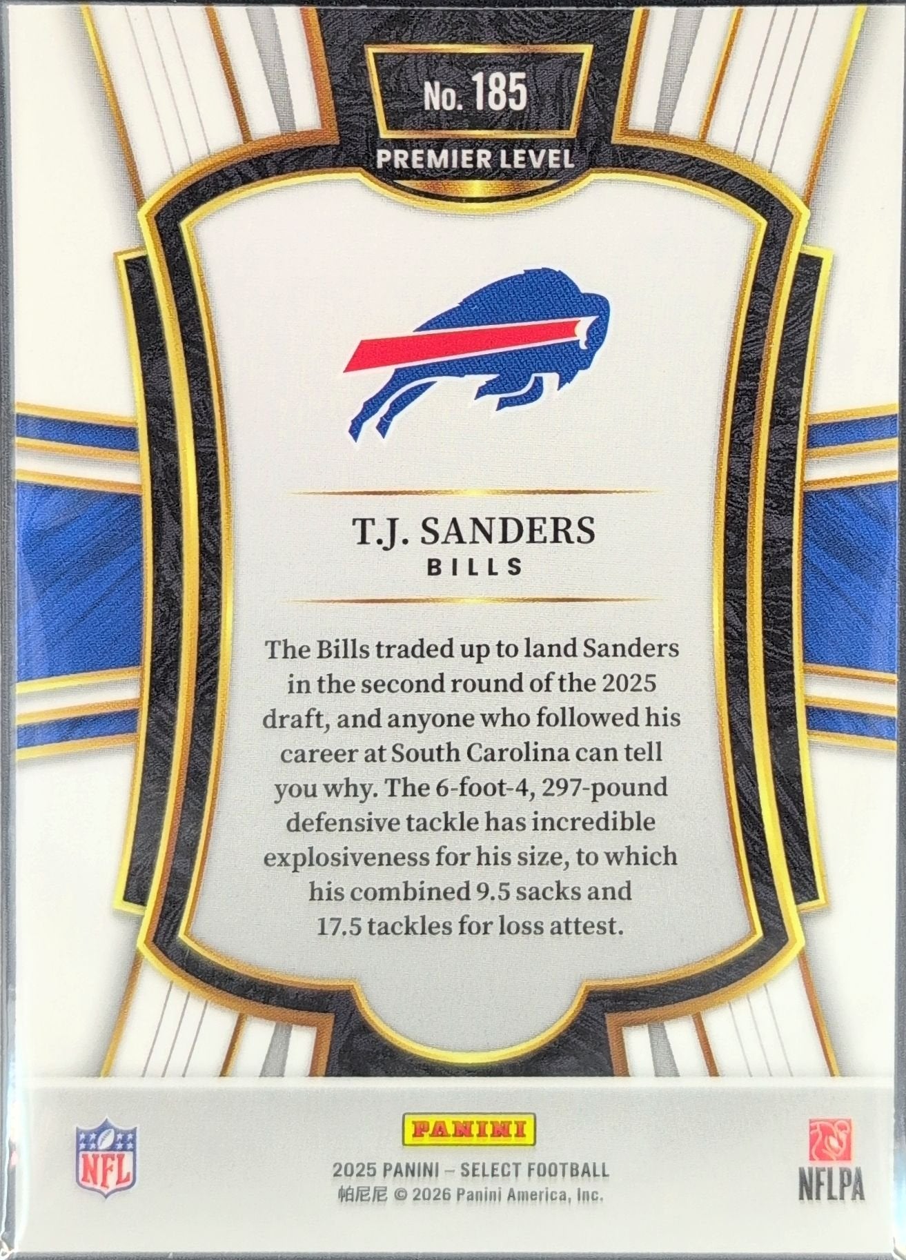 T.J. Sanders 2025 Panini Select #185 Rookie RC Buffalo Bills - back image
