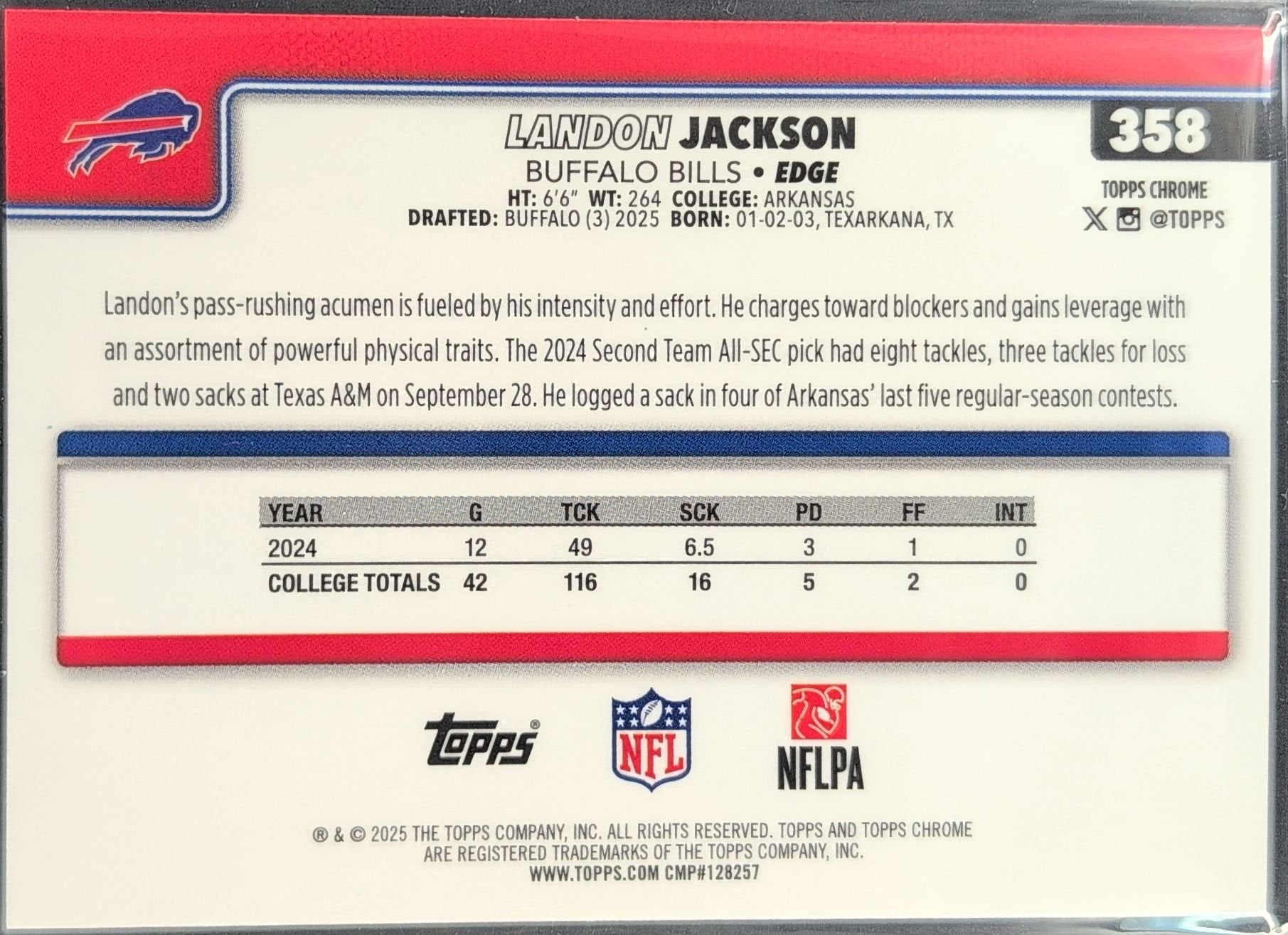 Landon Jackson 2025 Topps Chrome #358 Rookie RC Buffalo Bills - back image
