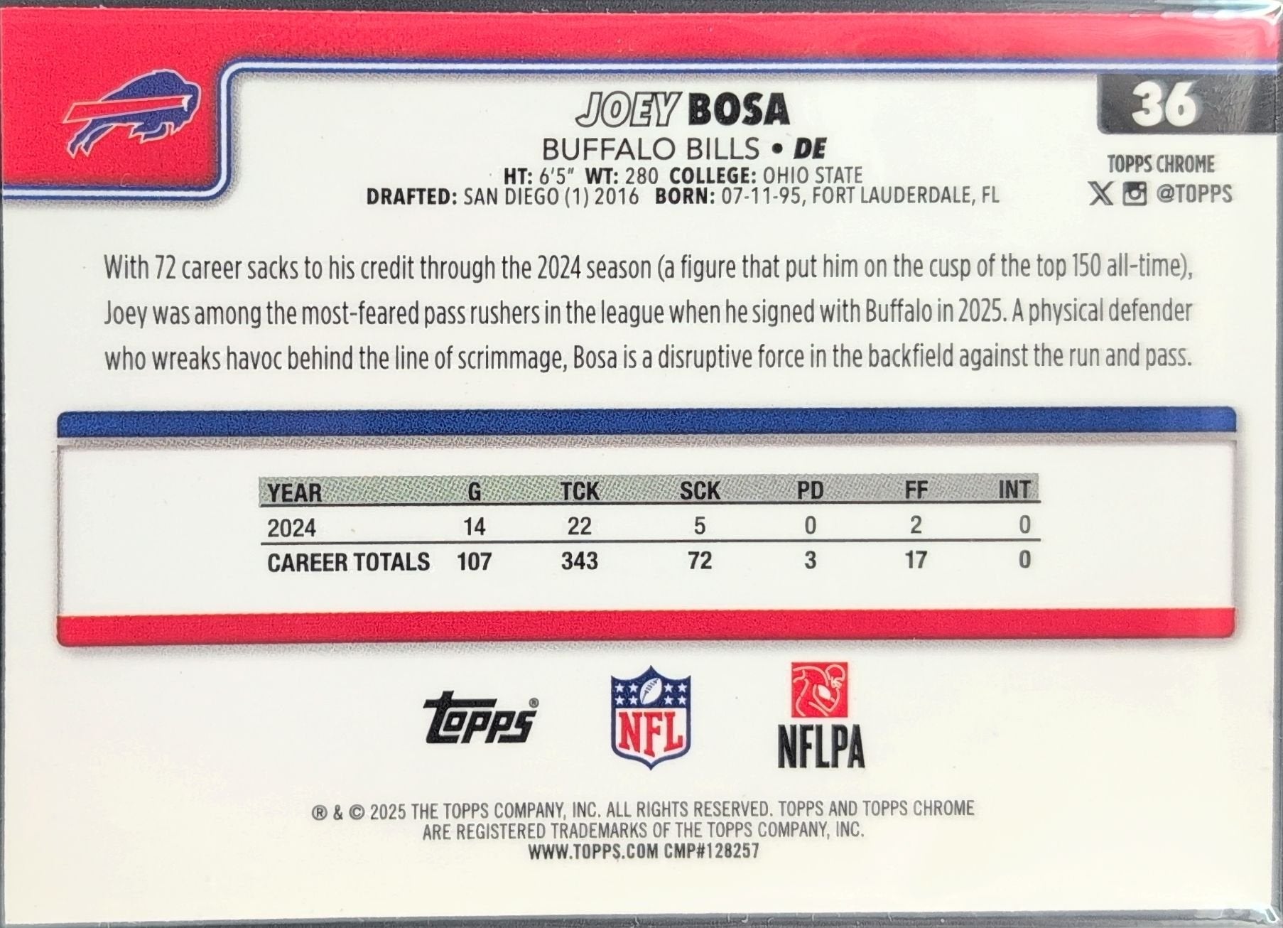 Joey Bosa 2025 Topps Chrome #36 Buffalo Bills - back image