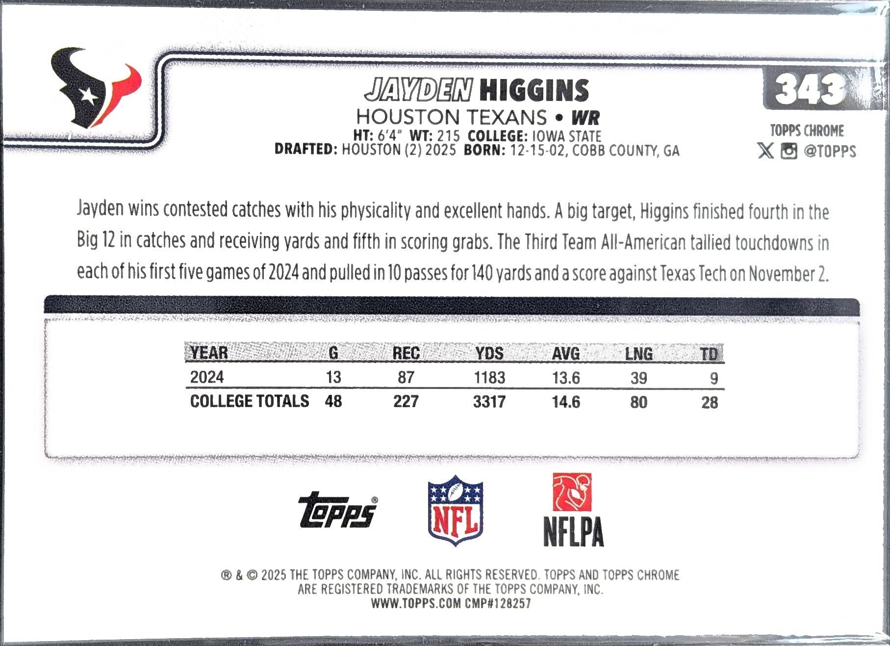 2025 Topps Chrome Jayden Higgins #343 RC Houston Texans back