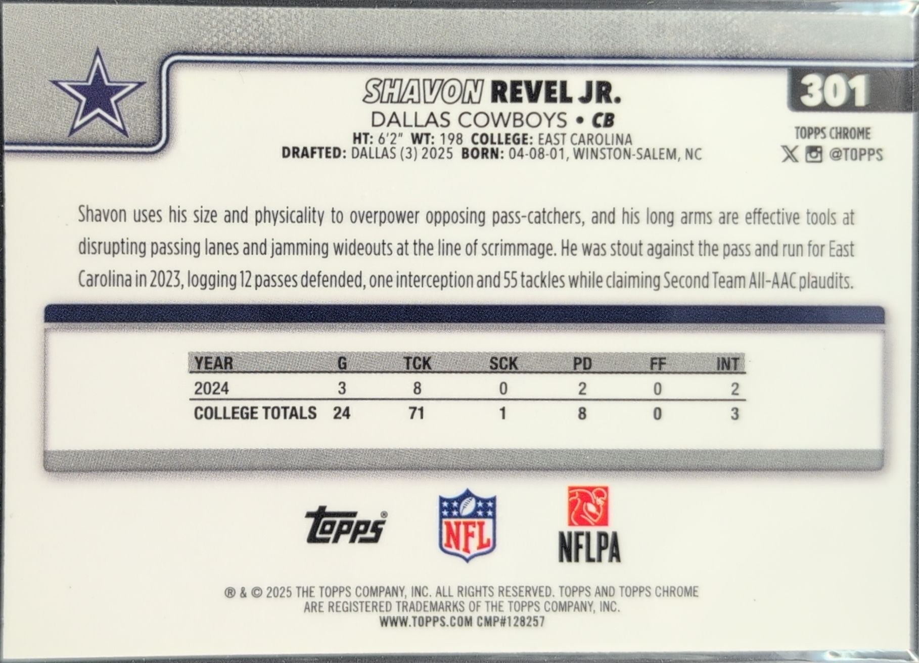 2025 Topps Chrome Shavon Revel Jr. #301 RC Dallas Cowboys back