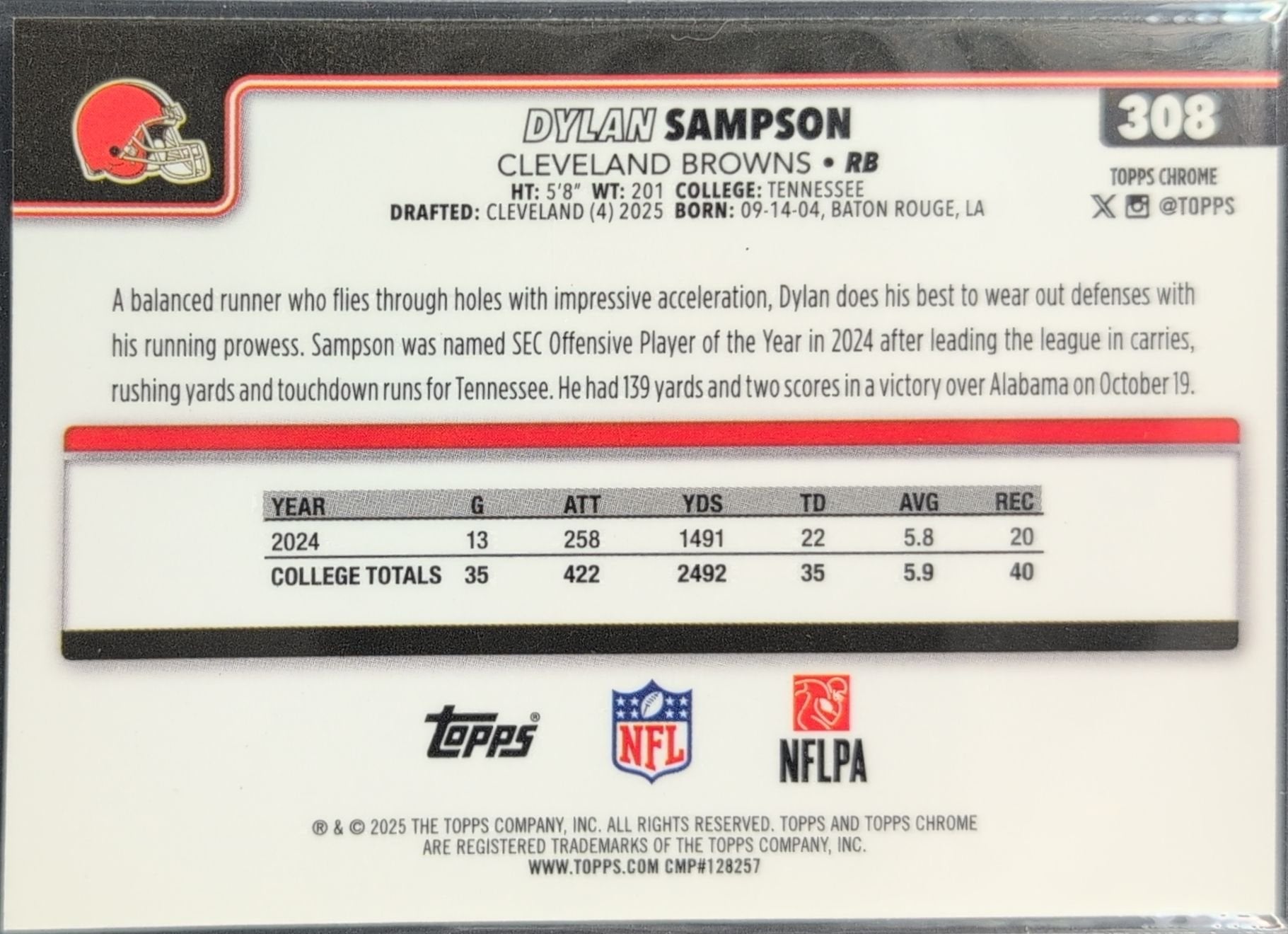 Dylan Sampson 2025 Topps Chrome #308 Rookie RC Cleveland Browns - back image