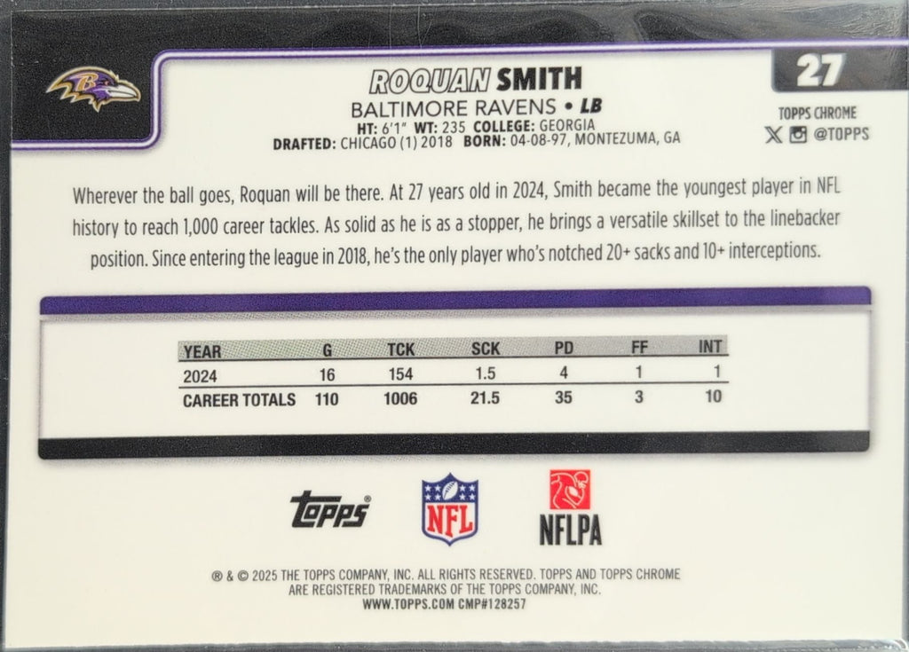 2025 Topps Chrome Roquan Smith #27 Baltimore Ravens back