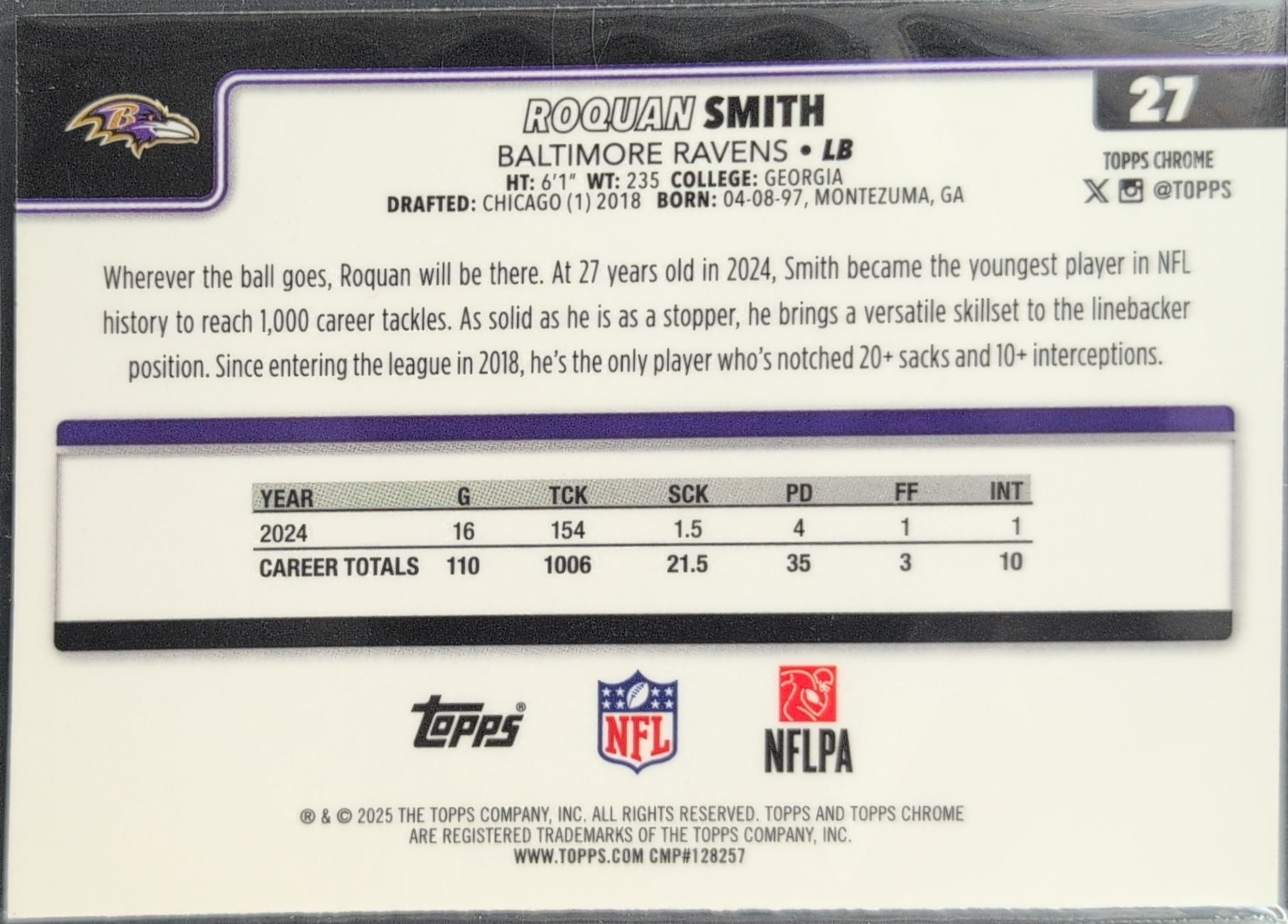 2025 Topps Chrome Roquan Smith #27 Baltimore Ravens back