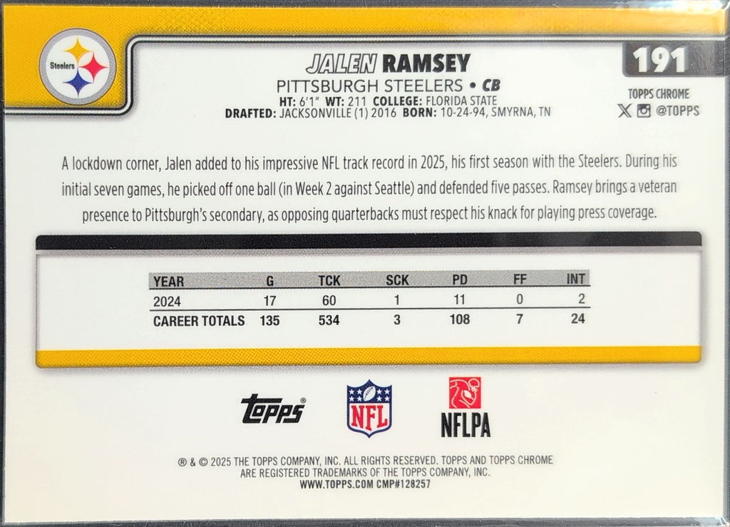 2025 Topps Chrome Jalen Ramsey #191 Pittsburgh Steelers back