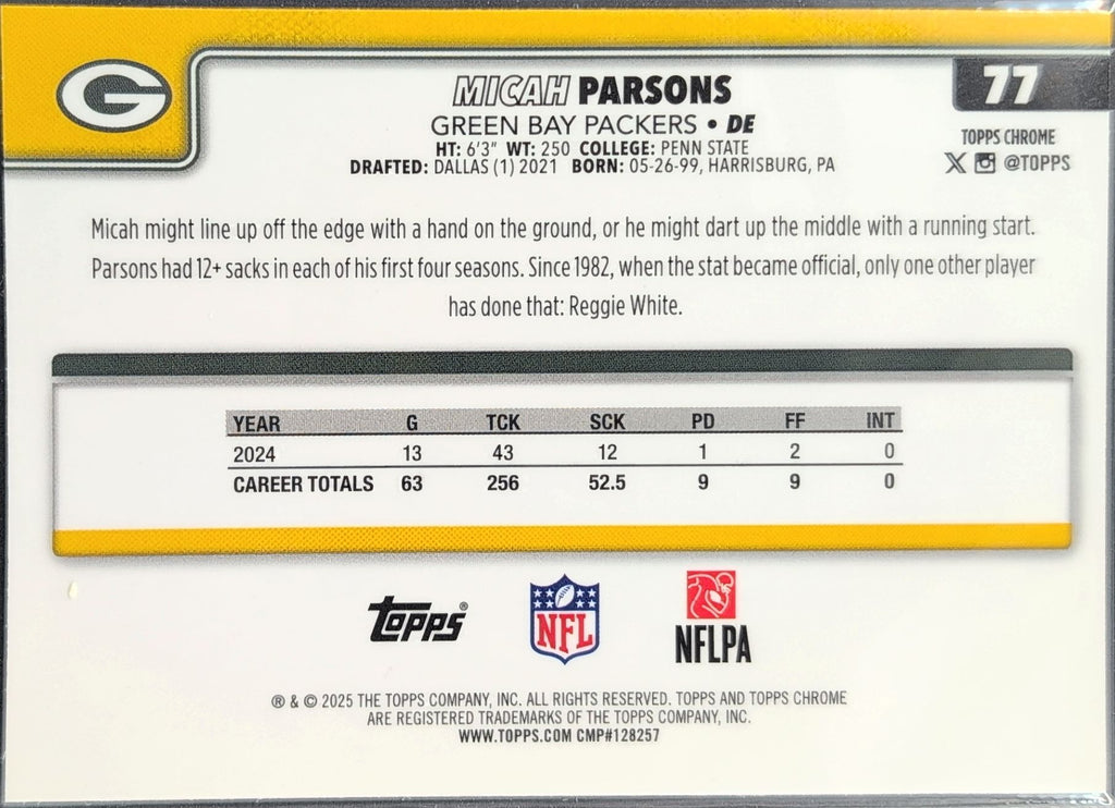 2025 Topps Chrome Micah Parsons #77 Green Bay Packers back