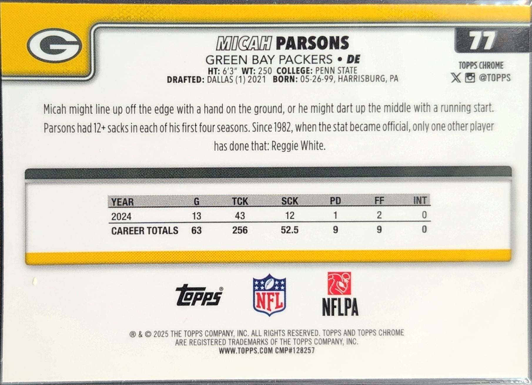 2025 Topps Chrome Micah Parsons #77 Green Bay Packers back