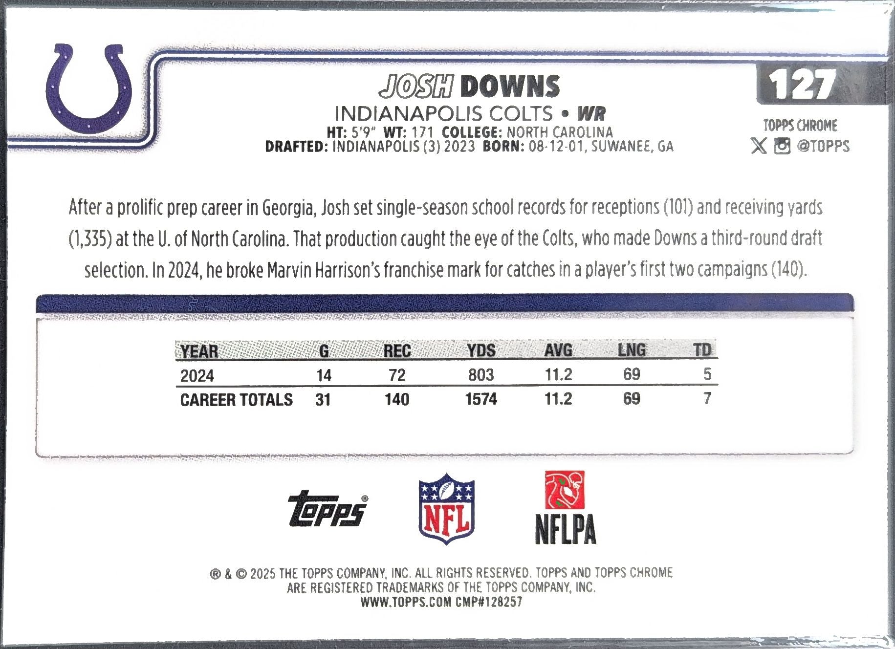 2025 Topps Chrome Josh Downs #127 Indianapolis Colts back