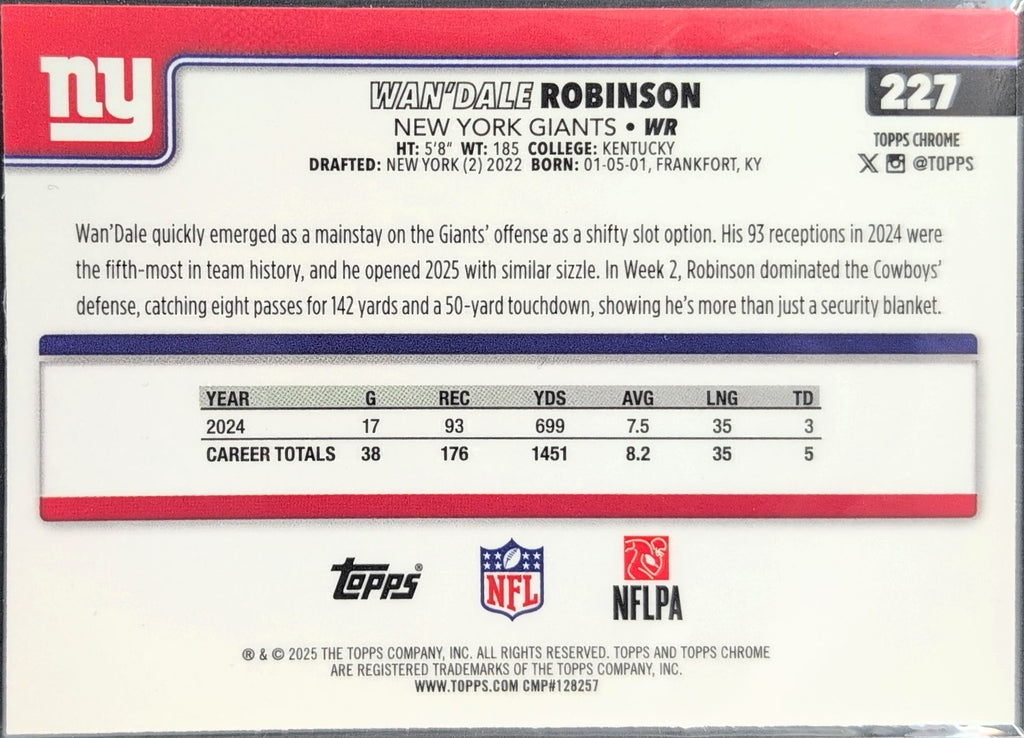 2025 Topps Chrome Wan'Dale Robinson #227 New York Giants back