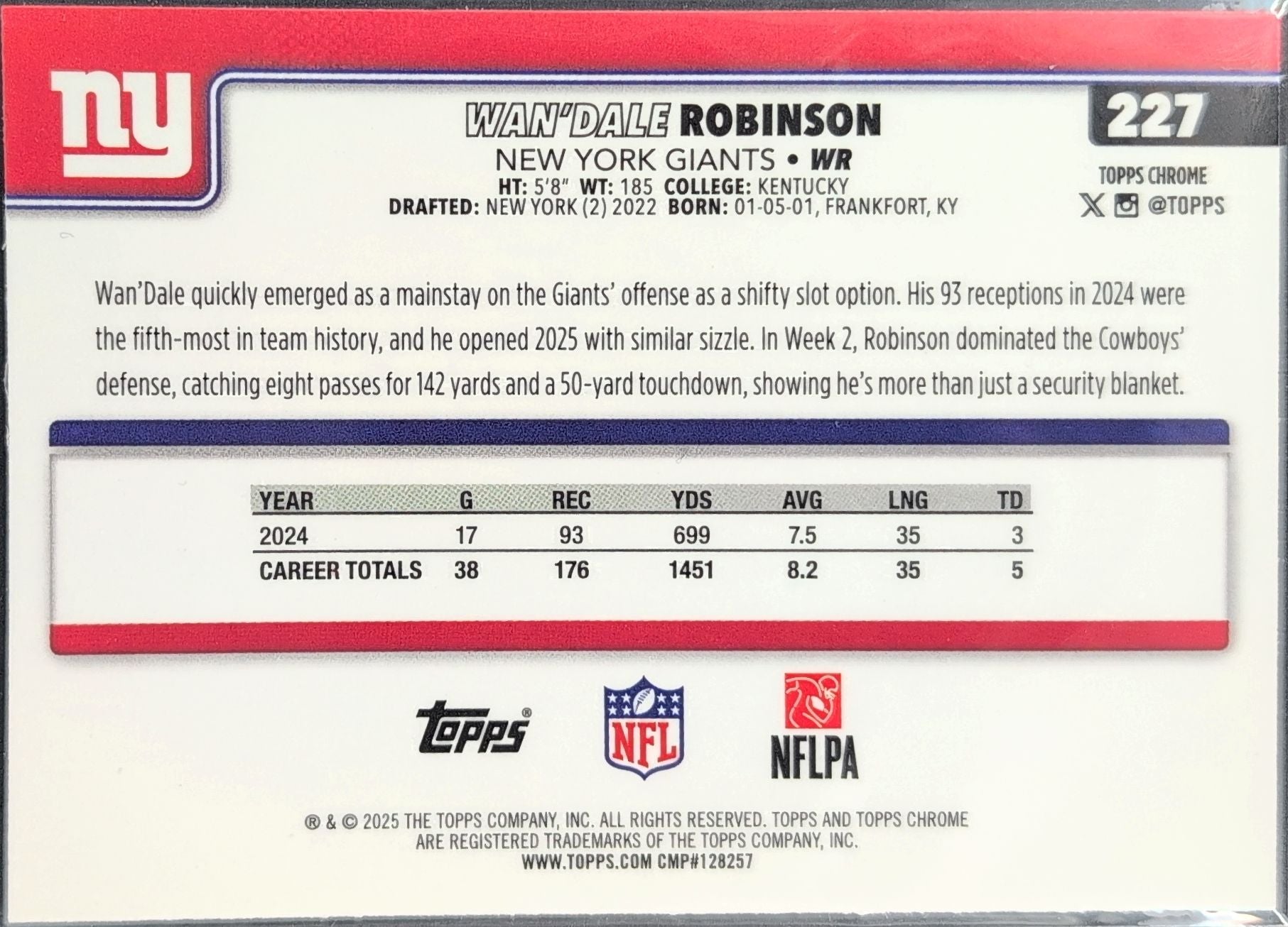 2025 Topps Chrome Wan'Dale Robinson #227 New York Giants back