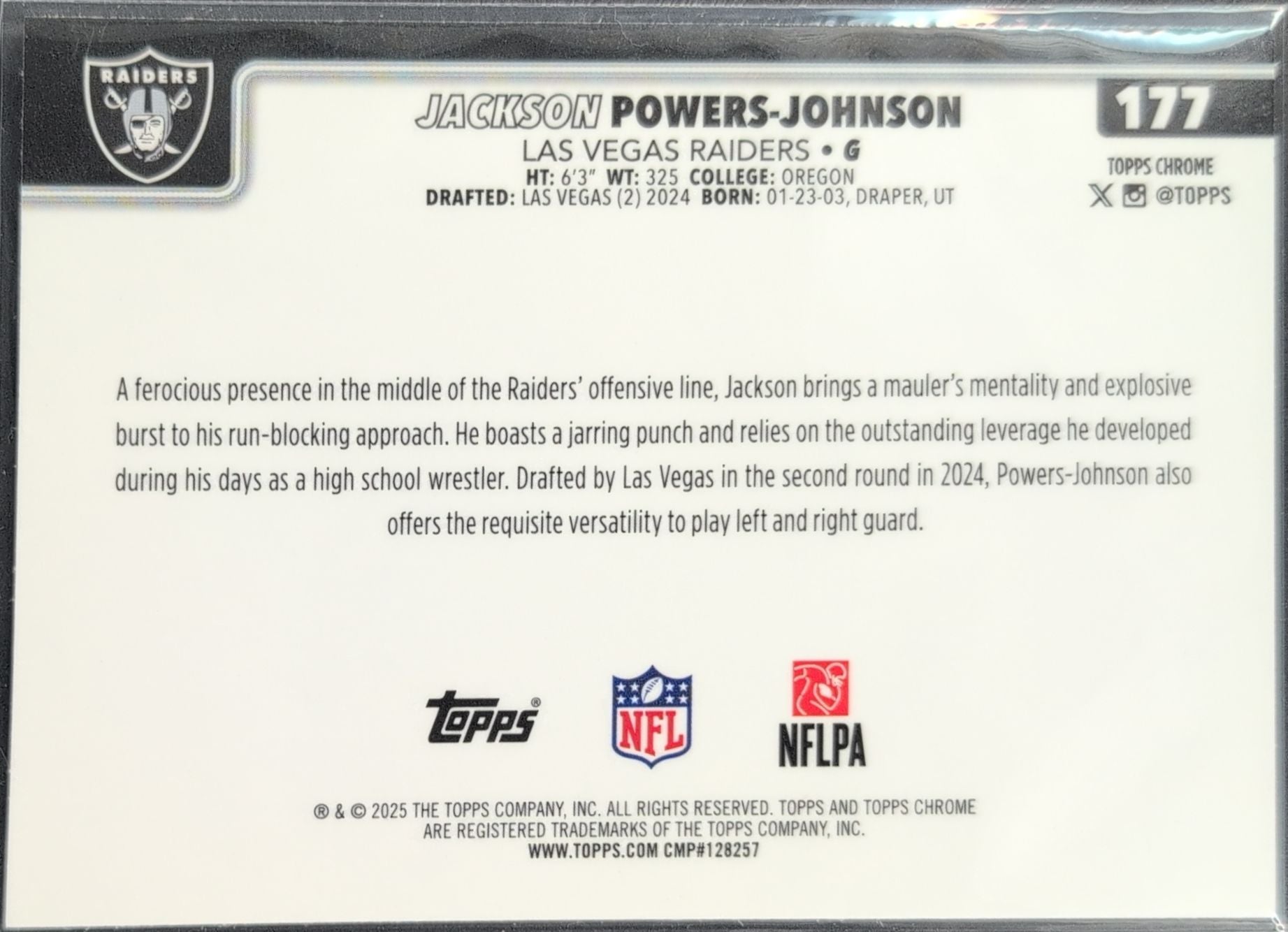 2025 Topps Chrome Jackson Powers-Johnson #177 Las Vegas Raiders back